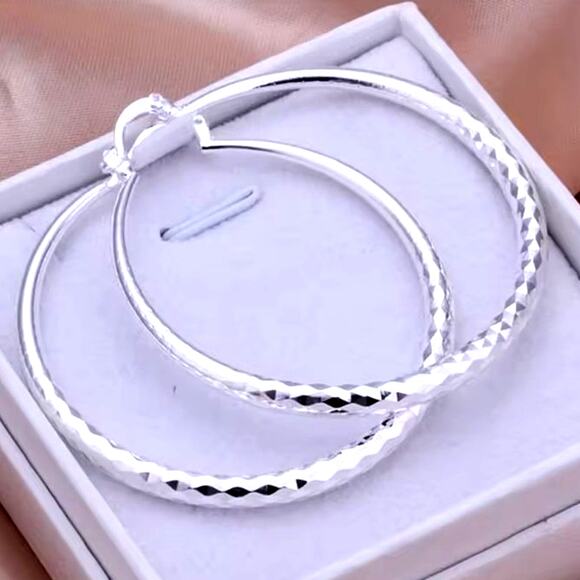 925 Sterling Silver Hoop Earrings 2.5in. Disco 90s Y2K Women's Valentine's Gift - Picture 6 of 8